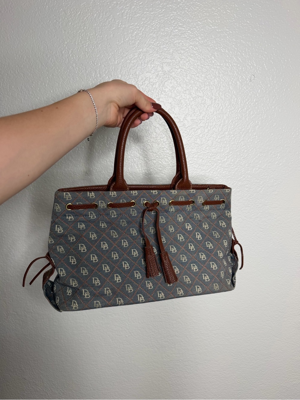 VINTAGE DOONEY& BOURKE small HANDBAG Blue w/Beige DB Monogram designer classic